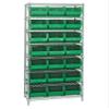 Quantum Storage Systems WR8-255GN 8-Tier Complete Wire Shelving System with 21 QUS255 Green Giant Open Hopper Bins, Chrome Finish, 18" Width x 36" Length x 74" Height view 1