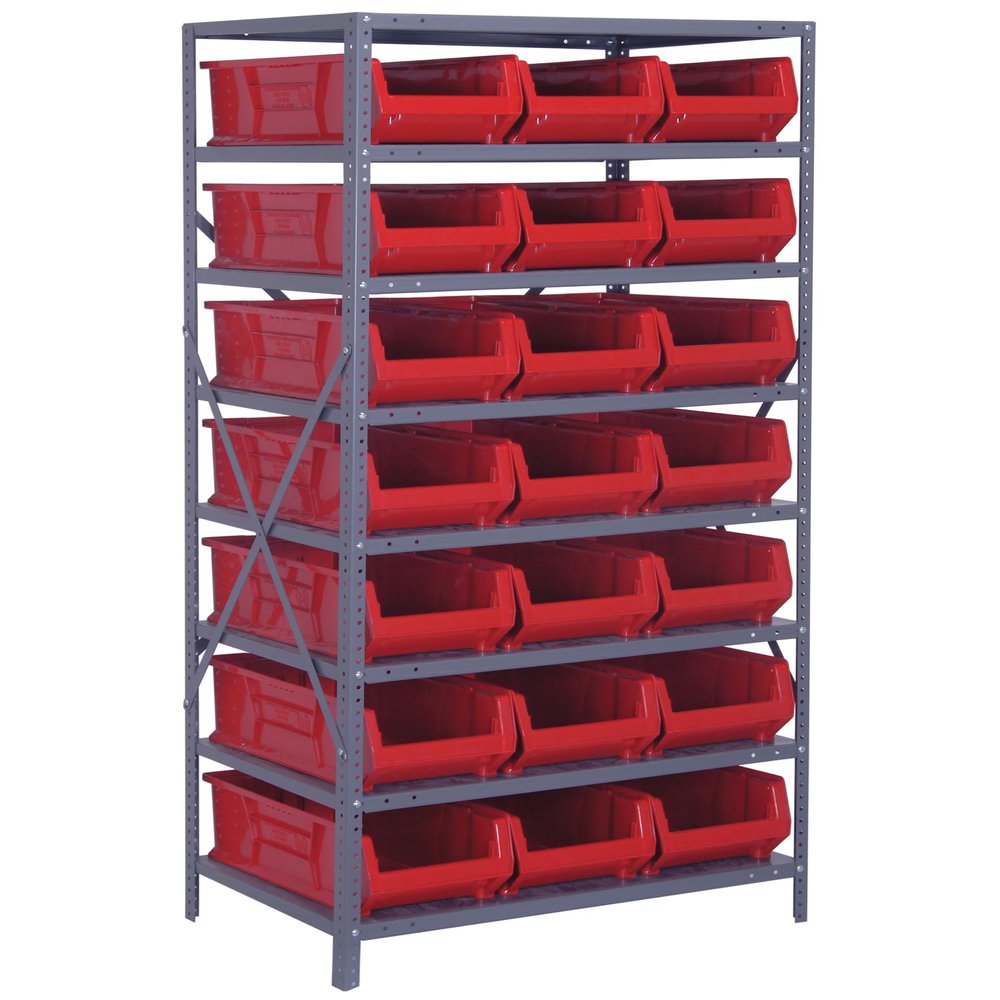 Quantum Storage Systems Wire Shelving Unit W/21 RED Bins