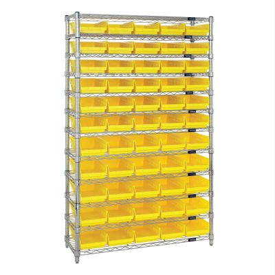 QUANTUM STORAGE SYSTEMS WR12-104YL Wire Heavy Duty 12 Shelves 74" H x 36" W x 18" D with 55 Yellow Bins 18" L x 7" W x 4" H