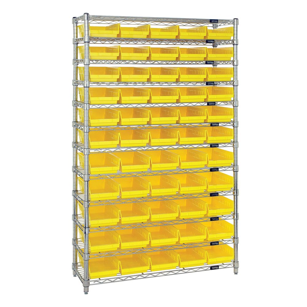 QUANTUM STORAGE SYSTEMS WR12-104YL Wire Heavy Duty 12 Shelves 74" H x 36" W x 18" D with 55 Yellow Bins 18" L x 7" W x 4" H