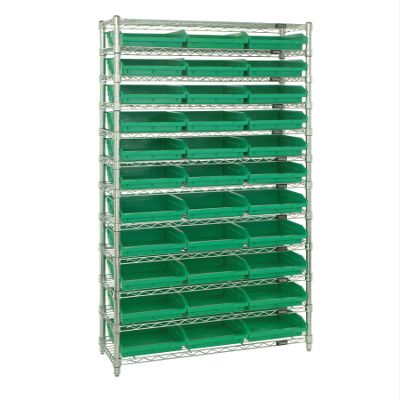 QUANTUM STORAGE SYSTEMS WR12-110GN Wire Heavy Duty 12 Shelves 74" H x 36" W x 18" D with 33 Green Bins 18" L x 12" W x 4" H