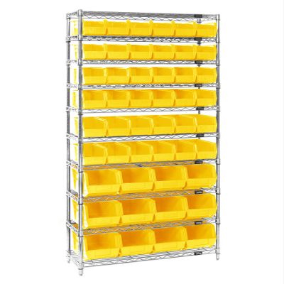 QUANTUM STORAGE SYSTEMS WR10-230240YL Wire Heavy Duty 10 Shelves 74" H x 36" W x 14" D with 48 Yellow Bins Multi-Sizes