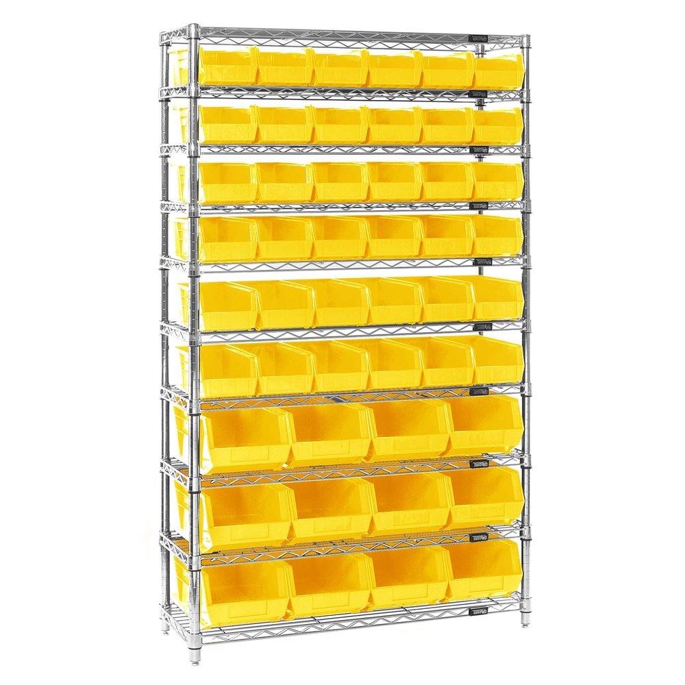QUANTUM STORAGE SYSTEMS WR10-230240YL Wire Heavy Duty 10 Shelves 74" H x 36" W x 14" D with 48 Yellow Bins Multi-Sizes
