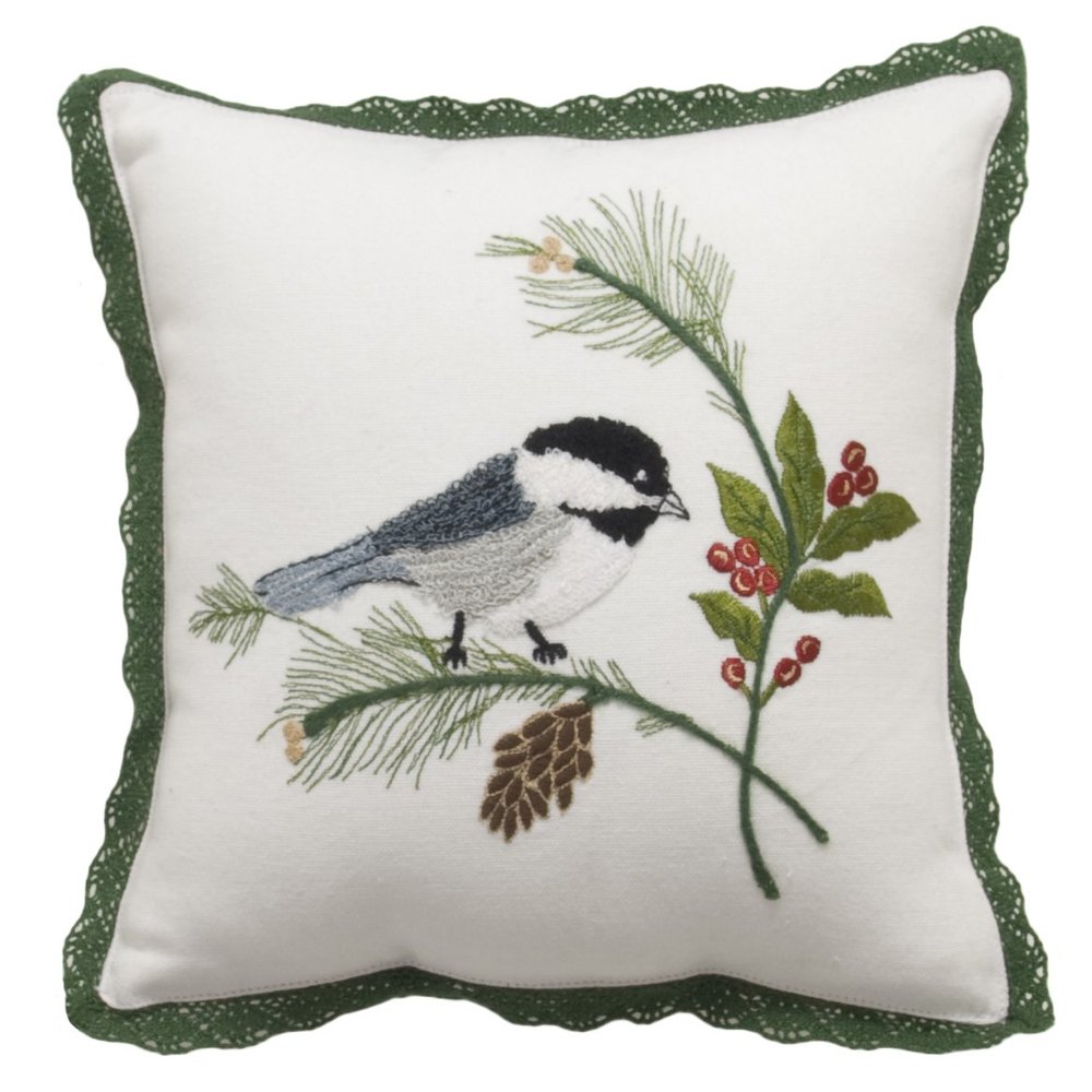 April Cornell 10 by 10-Inch Cushion, Chickadee Embroidery