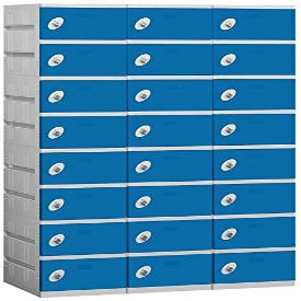 Salsbury Industries Assembled 8-Tier Plastic Locker with Three Wide Storage Units, 738.25-Inch High by 18-Inch Deep, Blue