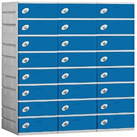 Salsbury Industries Assembled 8-Tier Plastic Locker with Three Wide Storage Units, 738.25-Inch High by 18-Inch Deep, Blue