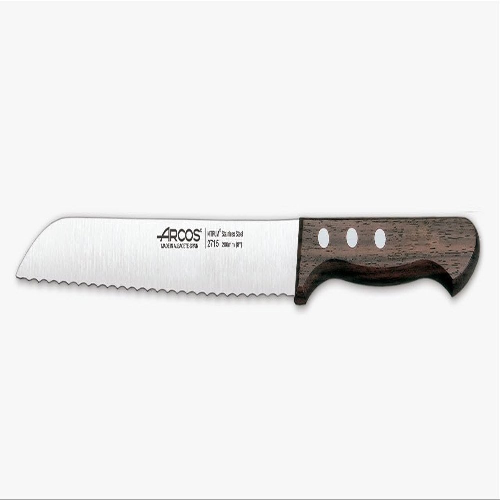 Arcos Bread Knife 8 Inch Nitrum Stainless Steel and 200 mm blade. Obtain a great variety of cuts for your food. Ideal knife for daily domestic use. Series Atlantico. Color Black