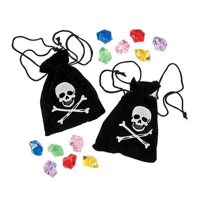 Fun Express - Pirate Drawstring Bags W/ Plastic Jewels - Toys - Value Toys - Play Money - 12 Pieces