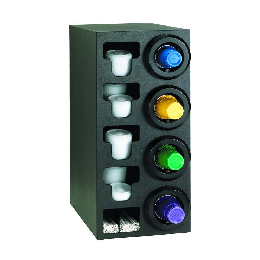 DISPENSE-RITE STL-C-4RBT Countertop Cup Dispensing Cabinet, (4) STL-2F Cup Dispensers with Built-in Lid and Straw Organizer, Fits 844 oz Cups and Lids, Black Polystyrene, 32-1/4"H x 13"W x 23"D