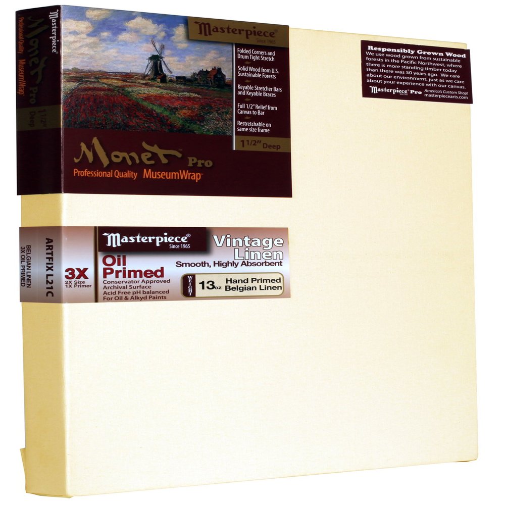 MASTERPIECE 44124 Monet Pro 1.5" Deep Vintage L21C Belgian Linen 13.0 oz Oil Primed Linen Stretched Canvas 10" x 10"