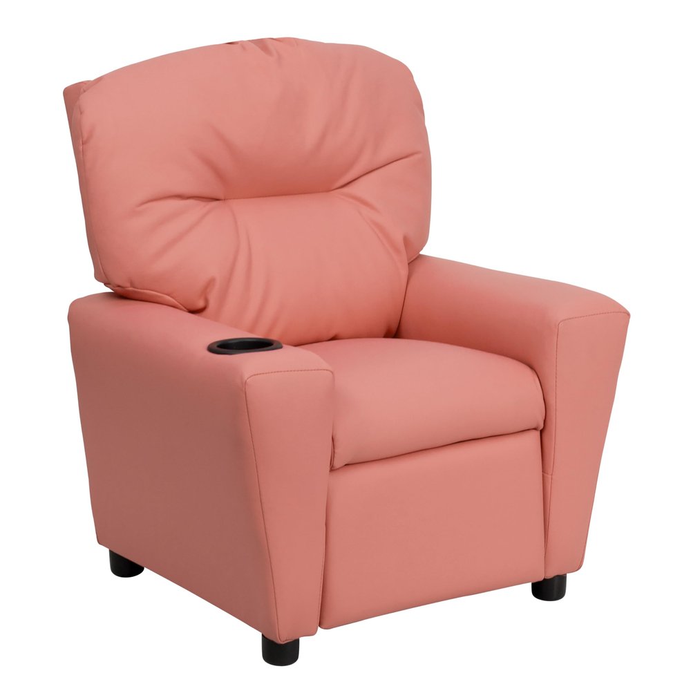 Flash Furniture Chandler Vinyl Kids Recliner with Cup Holder and Safety Recline, Contemporary Reclining Chair for Kids, Supports up to 90 lbs., Pink