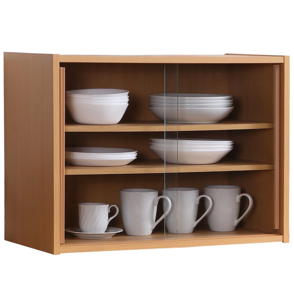(Fujiboeki) Fuji Boeki 81909 Cupboard, Kitchen Storage, Compact, Width 23.6 x Depth 11.4 x Height 17.3 inches (60 x 29 x 44 cm), Natural, Glass Door, Movable Shelf, Living Alone, Assembly