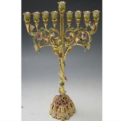 Enamel Ivory and Green Hanukkah Menorah with Amber Crystals