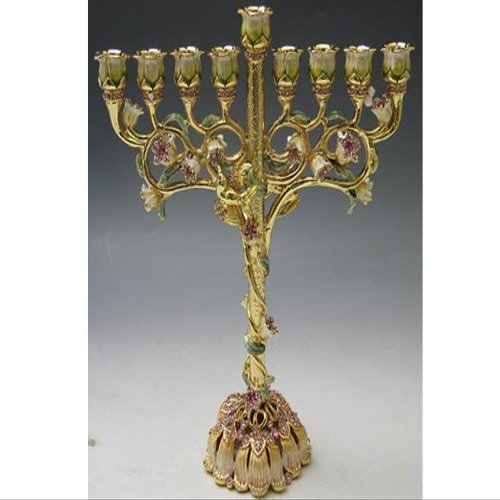 Enamel Ivory and Green Hanukkah Menorah with Amber Crystals
