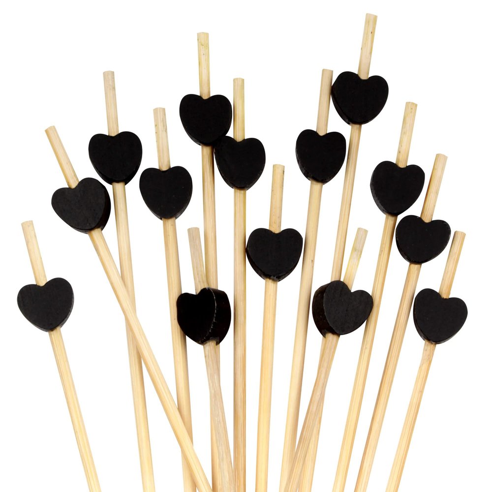 BambooMN 3.9" Decorative Black Heart Bamboo Cocktail Fruit Sandwich Picks Skewers for Catered Events, Holiday's, Restaurants or Buffets Party Supplies, 200 Pieces