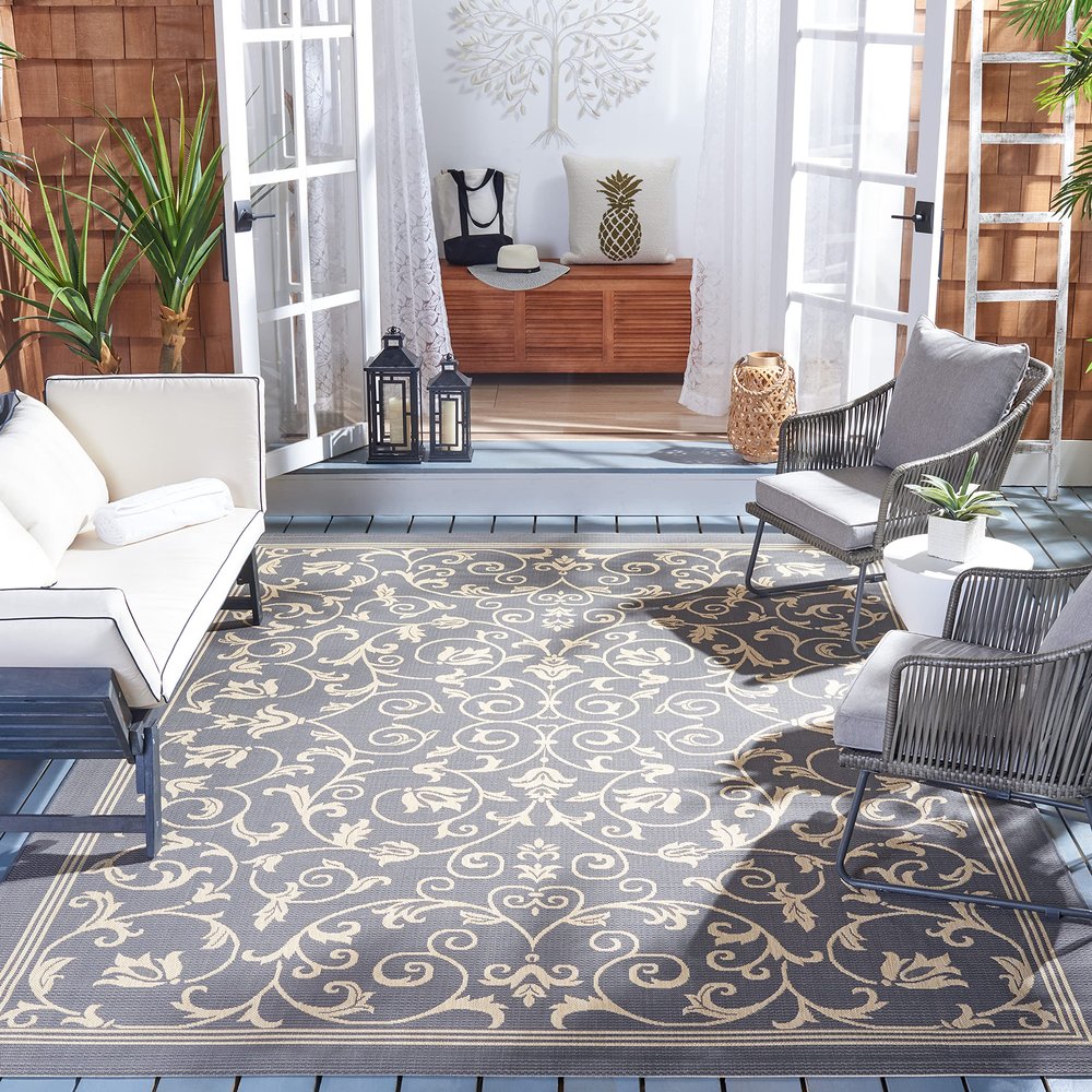 SAFAVIEH Washable Rug Outdoor Courtyard Collection - 7'10" Square, Grey & Natural, Non-Shedding & Easy Cleaning, Ideal for Patio, Backyard, Mudroom (CY2098-3606)