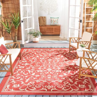 SAFAVIEH Washable Rug Outdoor Courtyard Collection - 7'10" Square, Red & Natural, Non-Shedding & Easy Cleaning, Ideal for Patio, Backyard, Mudroom (CY2098-3707)