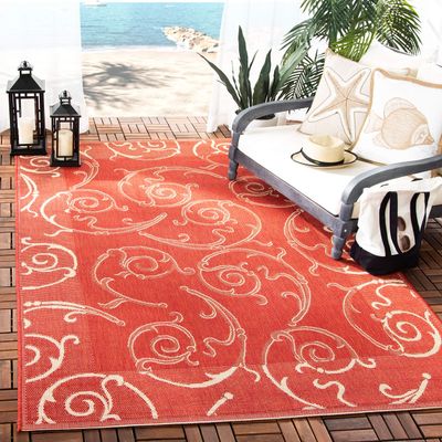 SAFAVIEH Washable Rug Outdoor Courtyard Collection - 7'10" Square, Red & Natural, Non-Shedding & Easy Cleaning, Ideal for Patio, Backyard, Mudroom (CY2665-3707)