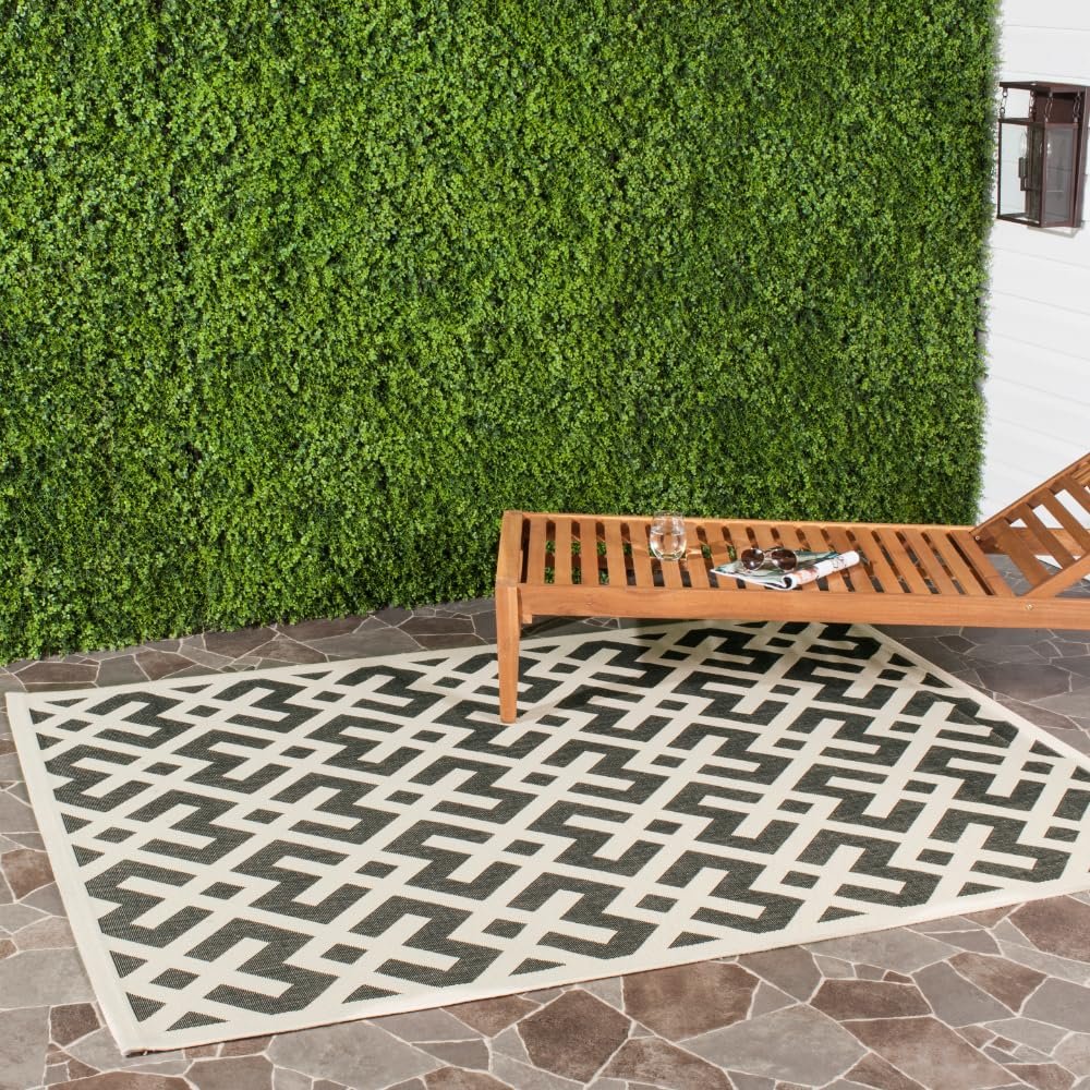 SAFAVIEH Washable Rug Outdoor Courtyard Collection - 6'7" x 9'6", Black & Beige, Non-Shedding & Easy Cleaning, Ideal for Patio, Backyard, Mudroom (CY6915-216)