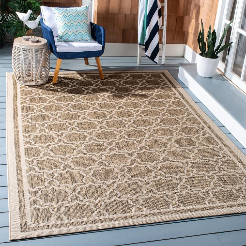 SAFAVIEH Washable Rug Outdoor Courtyard Collection - 6'7" x 9'6", Brown & Bone, Non-Shedding & Easy Cleaning, Ideal for Patio, Backyard, Mudroom (CY6916-242)
