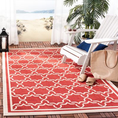 SAFAVIEH Washable Rug Outdoor Courtyard Collection - 9' x 12', Red & Bone, Non-Shedding & Easy Cleaning, Ideal for Patio, Backyard, Mudroom (CY6916-248)