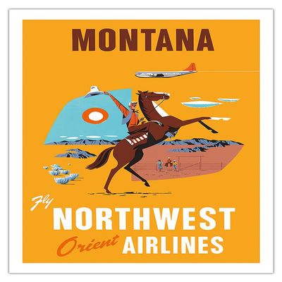 Montana - Fly Northwest Orient Airlines - Cowboy on Horseback - Vintage Airline Travel Poster c.1950s - Fine Art Matte Paper Print (Unframed) 20x26in