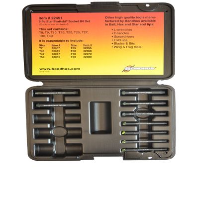 Bondhus 22491 ProHold Socket Star Bit Set with ProHold Button Technology, 2", 9 Piece