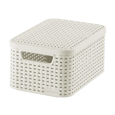 CURVER Style 6L Storage Box  Textured Rattan Look  For Bedroom, Living Room, Bathroom, Laundry Room  29.5 x 19.5 x 14.2 cm  Ivory  70% Recycled