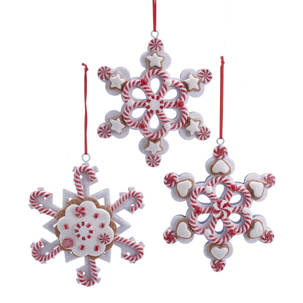 Kurt S. Adler Claydough Christmas Tree Ornaments Holiday Decoration Gingerbread Peppermint Candy (4.5" Set of 3 Snowflake Peppermint Ornaments Glitter Candy Gingerbread Red White D3620)