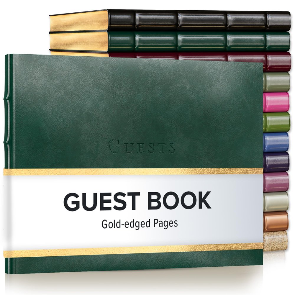 Gallery Leather Guest Book - Great for Wedding, Reception, Baby and Bridal Shower, Birthday Party and Vacation Home - 192 Lined Pages to Sign in, add Polaroid Photo - Hardcover 9x7" - Acadia Green