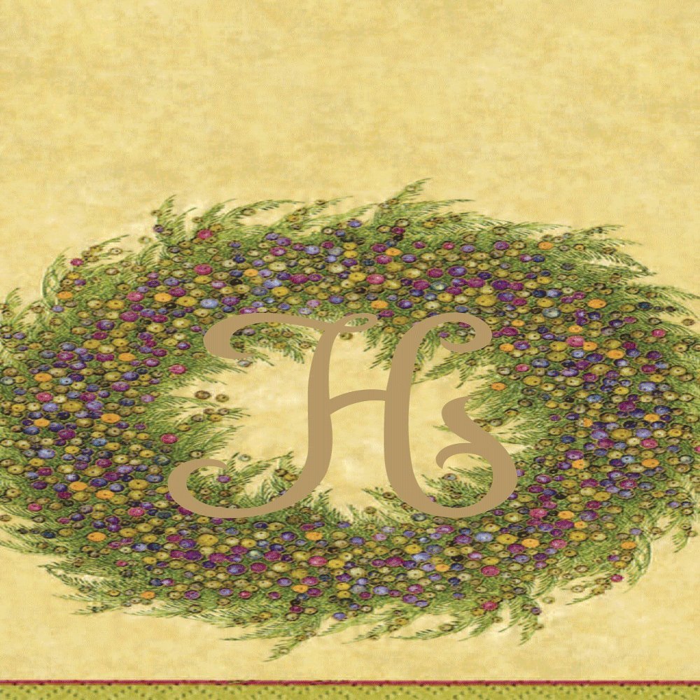 Caspari Berry Wreath Monogram Initial H Paper Guest Towel, Gold, 18 Count