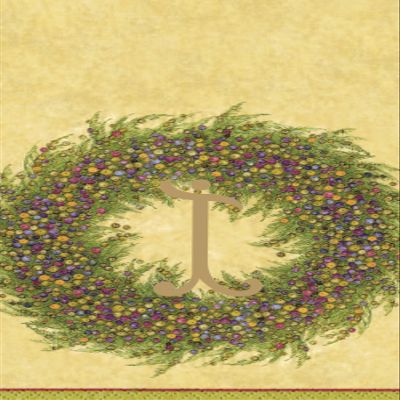 Caspari Berry Wreath Monogram Initial I Paper Guest Towel, Gold, 18 Count