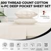 Tribeca Living Solid Sheets Set, Soft Egyptian Cotton Sateen Deep Pocket Bedsheets and Matching Pillowcases, 500 Thread Count, 4-Piece Luxury Bedding, California King, Ivory view 3