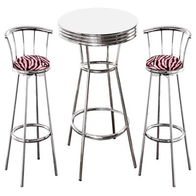 The Furniture Cove Chrome Bar Table & 2 Chrome 24" Pink Zebra Faux Fur Fabric Seat Barstools
