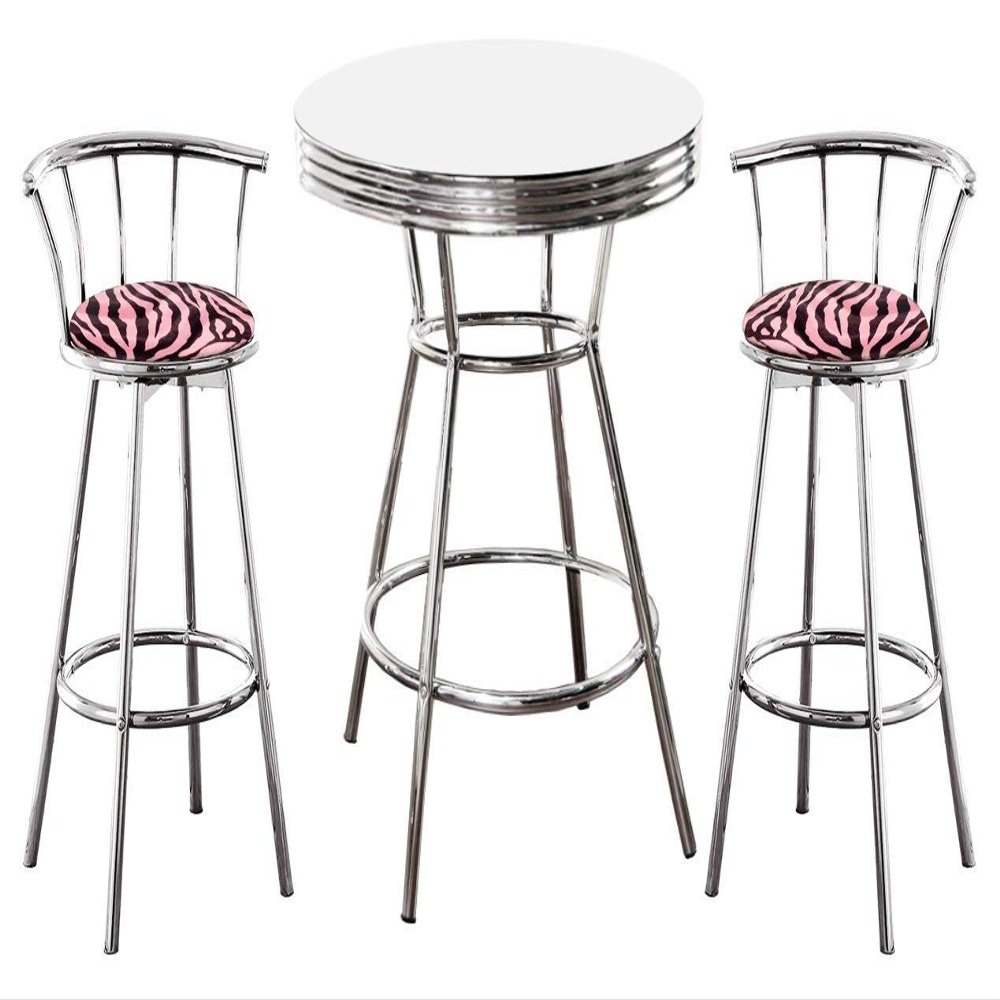 The Furniture Cove Chrome Bar Table & 2 Chrome 24" Pink Zebra Faux Fur Fabric Seat Barstools