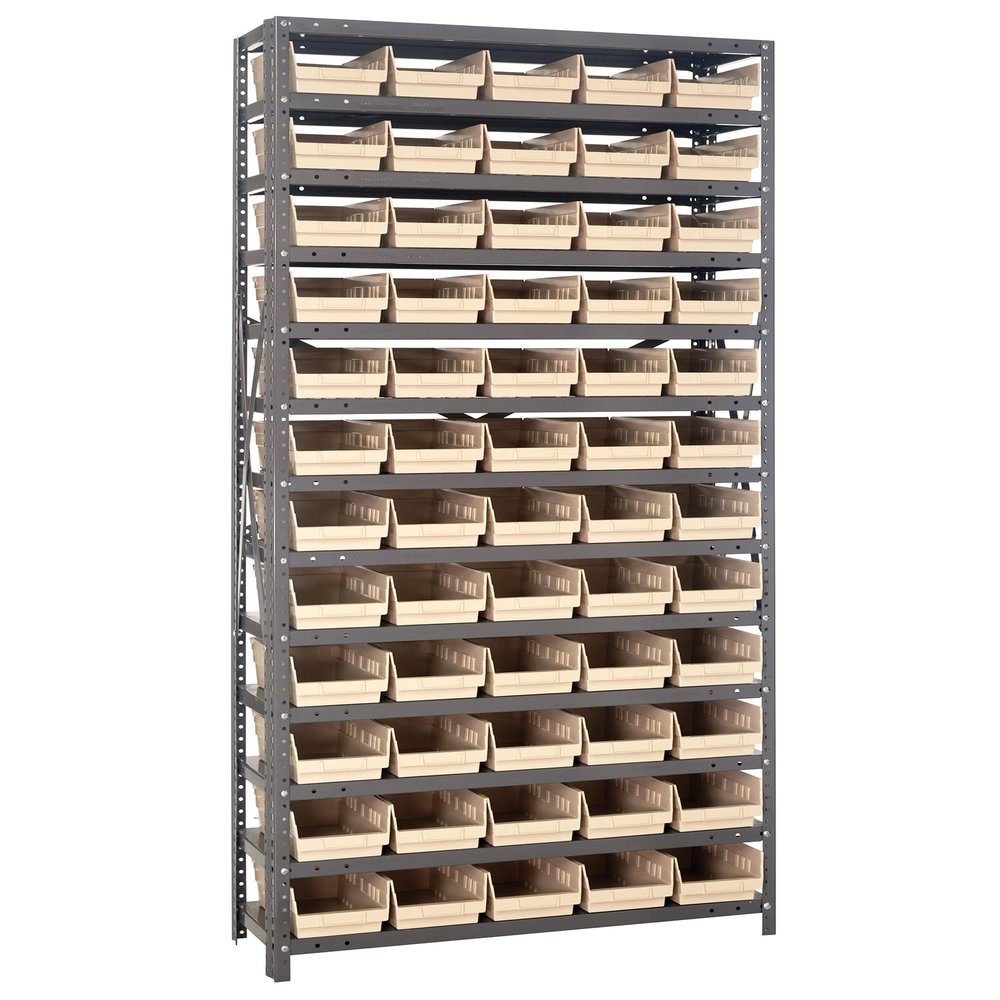 Quantum Storage Systems 1275-102IV Steel Shelving Unit with 4" Shelf Bins, 12" D x 36" W x 75" H, Ivory