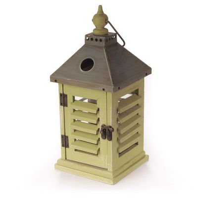 BambooMN 12" Decorative Wooden Farmhouse Lanterns - Large Rustic Lantern Candle Holders for Outdoor and Home - Brushed Sage