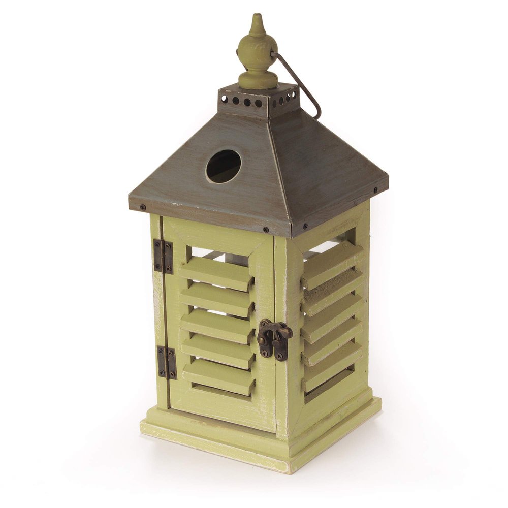 BambooMN 12" Decorative Wooden Farmhouse Lanterns - Large Rustic Lantern Candle Holders for Outdoor and Home - Brushed Sage