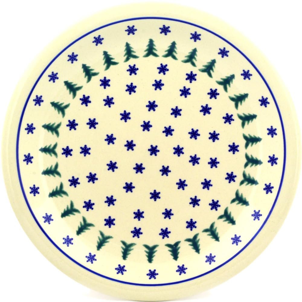 Polmedia Polish Pottery Dinner Plate - Evergreen Snowflakes Pattern Handmade in Boleslawiec Poland + Certificate of Authenticity