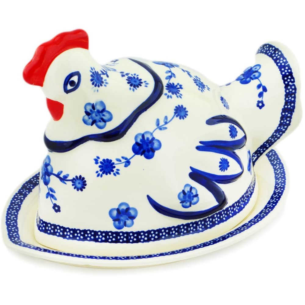Polmedia Polish Pottery Dish with Hen Cover - Delicate Poppy Pattern Handmade in Boleslawiec Poland + Certificate of Authenticity