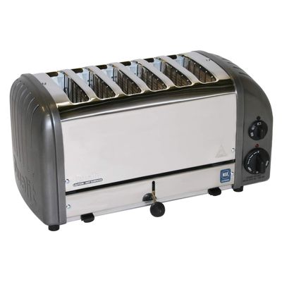 Cadco CTW-6M Stainless Steel Buffet Toaster, 17" Wide, 6 Slot, Metallic Grey Aluminum End Panels, Commercial Pop-Up Toaster for Restaurant, Hotel, Food Truck, 220V, 2480W, NSF Certified
