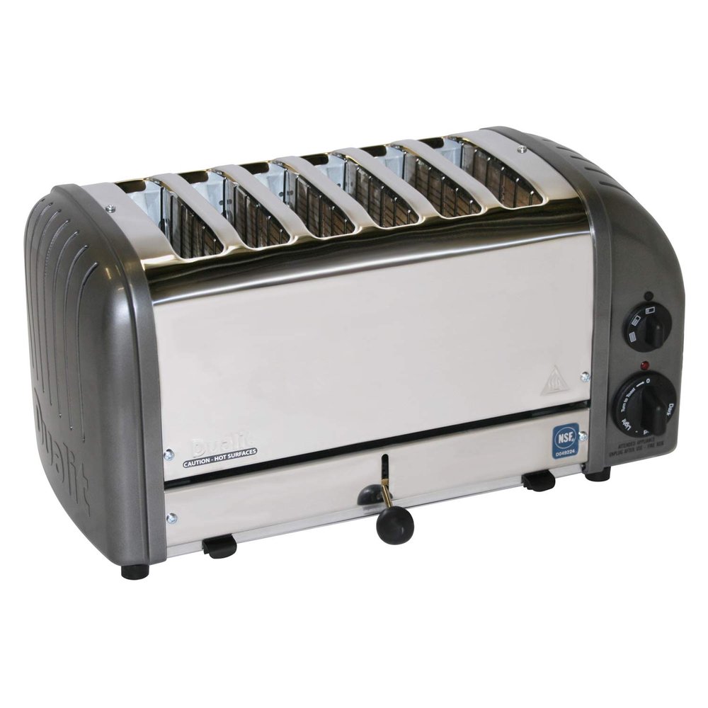 Cadco CTW-6M Stainless Steel Buffet Toaster, 17" Wide, 6 Slot, Metallic Grey Aluminum End Panels, Commercial Pop-Up Toaster for Restaurant, Hotel, Food Truck, 220V, 2480W, NSF Certified