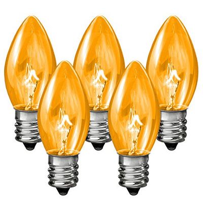 Birsppy 25 Pack - C7 - Transparent Amber - Double Dipped - 7 Watt - Christmas Light Replacement Bulbs - Candelabra Base - 130 Volt