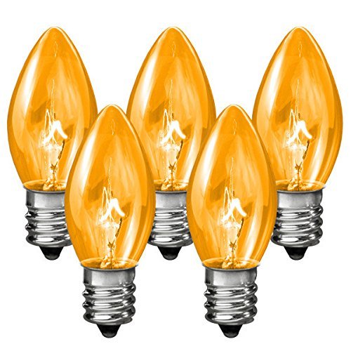Birsppy 25 Pack - C7 - Transparent Amber - Double Dipped - 7 Watt - Christmas Light Replacement Bulbs - Candelabra Base - 130 Volt