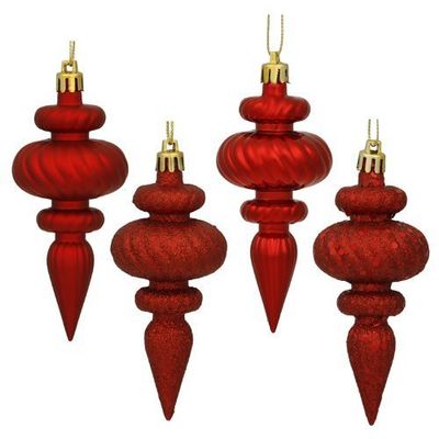 8ct Red Hot 4-Finish Regal Shatterproof Finial Christmas Ornaments 4"