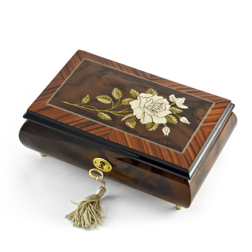Exquisite Single Stem White Rose Musical Jewelry Box - Many Songs to Choose - Getting to Know You