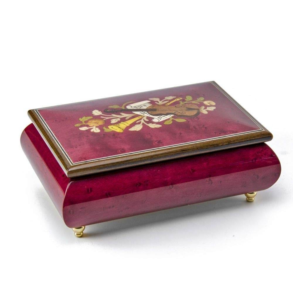 Astonishing Handcrafted Red Wine Musical Instrument Theme Wood Inlay Music Box - Many Songs to Choose - Nocturne