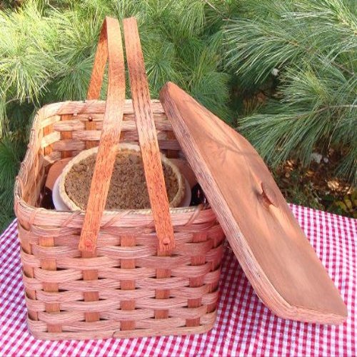 Amish Handmade Square Double Pie Carrier Basket with Two Swinging Handles, a Wooden Tray, and a Lid, 11 1/2" Length X 11 1/2" Width X 7 1/2" Height. Also Called Pie Tote, Pie Taker, Pie Holder, Pie Plate Holder. Whatever You Call It, It Is a Beautifu