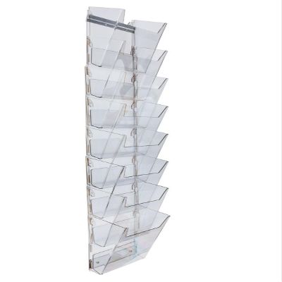 Displays2go Hanging Literature Rack with 8 Tiered Pockets for 8.5x11 Magazines, Wall Mounting Bracket Included - Clear Plastic