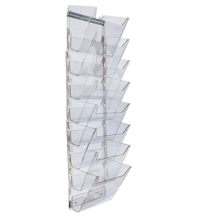 Displays2go Hanging Literature Rack with 8 Tiered Pockets for 8.5x11 Magazines, Wall Mounting Bracket Included - Clear Plastic